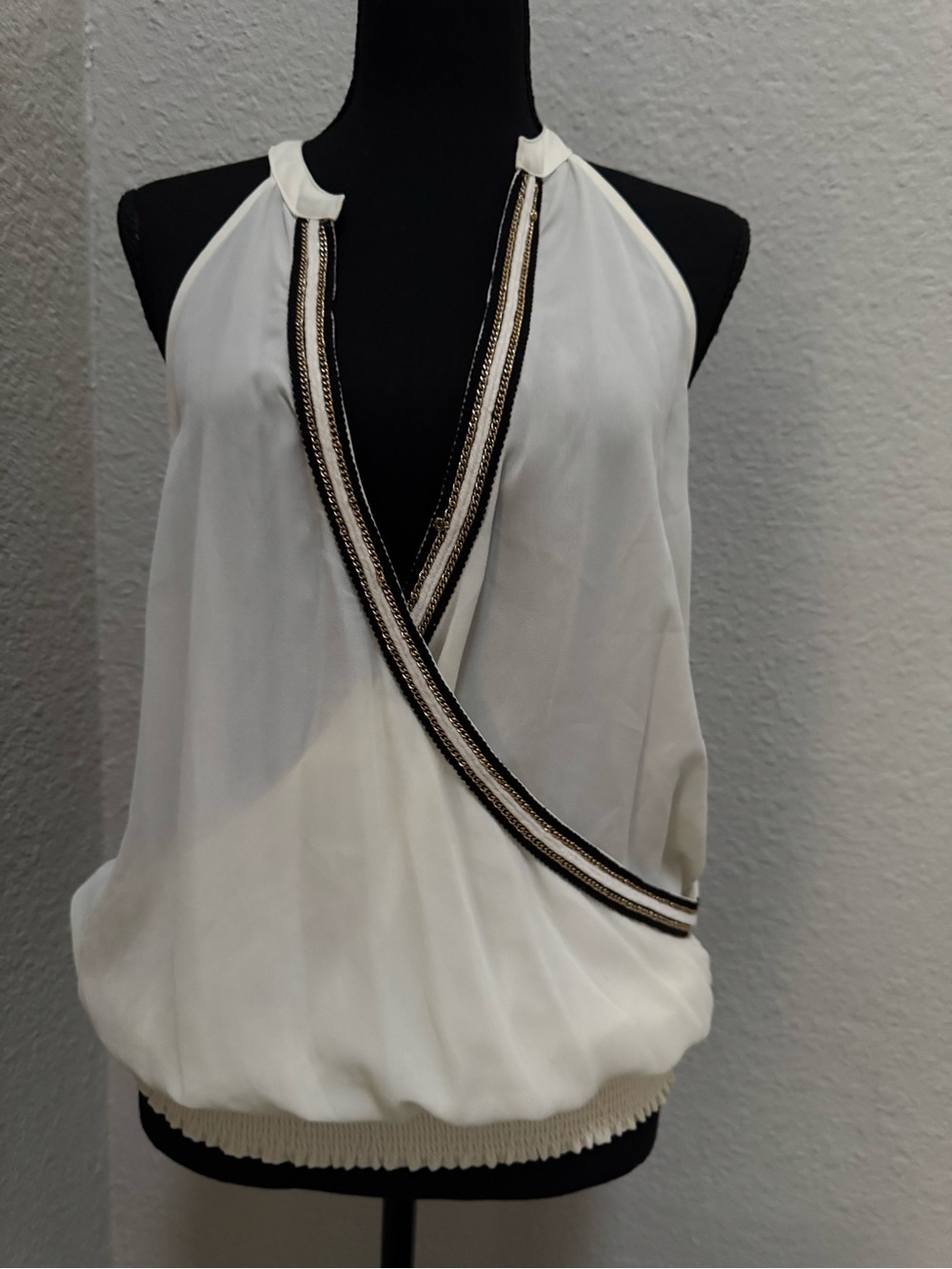 bebe White Halter Surplice Camisole with Black and Gold Trim